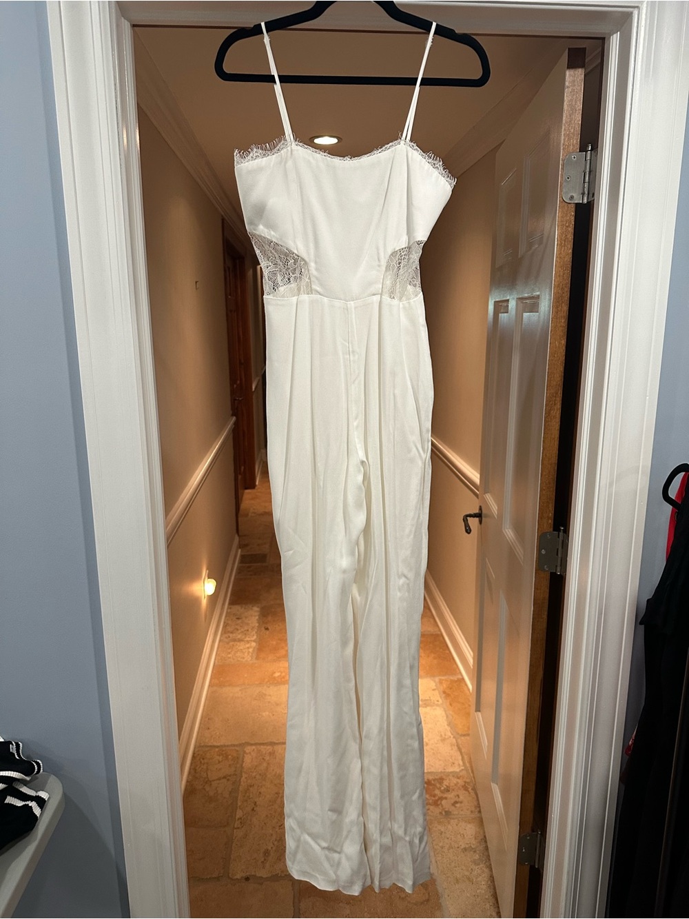 Karina Grimaldi White Lace-Trim Satin Chemise Jumpsuit